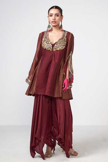 Rishi and Vibhuti_Brown Crepe, Dupion, Tissue Zari Cherry Alkaline Embroidered Jacket And Pant Set _Online_at_Aza_Fashions