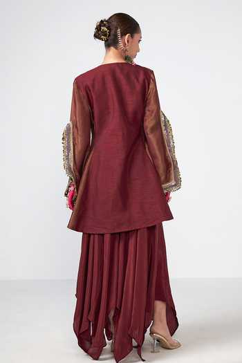 Shop_Rishi and Vibhuti_Brown Crepe, Dupion, Tissue Zari Cherry Alkaline Embroidered Jacket And Pant Set _at_Aza_Fashions