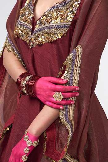 Buy_Rishi and Vibhuti_Brown Crepe, Dupion, Tissue Zari Cherry Alkaline Embroidered Jacket And Pant Set _Online_at_Aza_Fashions