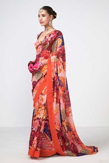 Rishi and Vibhuti_Red Georgette, Crepe, Lurex V-neck Anjana Printed Saree With Blouse _Online_at_Aza_Fashions