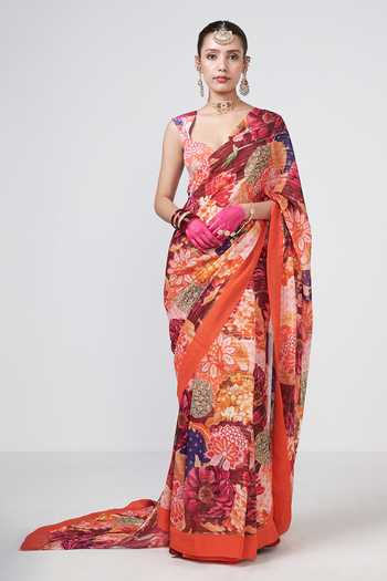 Buy_Rishi and Vibhuti_Red Georgette, Crepe, Lurex V-neck Anjana Printed Saree With Blouse _at_Aza_Fashions