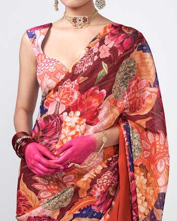 Buy_Rishi and Vibhuti_Red Georgette, Crepe, Lurex V-neck Anjana Printed Saree With Blouse _Online_at_Aza_Fashions