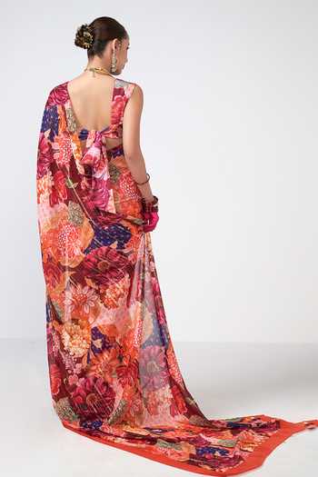 Shop_Rishi and Vibhuti_Red Georgette, Crepe, Lurex V-neck Anjana Printed Saree With Blouse _at_Aza_Fashions