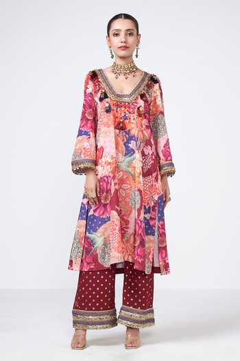 Buy_Rishi and Vibhuti_Multi Color Georgette, Crepe Sequins, Cherry Floral Print Kurta And Pant Set _at_Aza_Fashions
