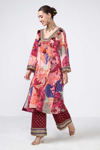 Rishi and Vibhuti_Multi Color Georgette, Crepe Sequins, Cherry Floral Print Kurta And Pant Set _Online_at_Aza_Fashions