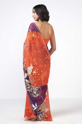 Shop_Rishi And Vibhuti_Orange Organza Embroidery, Sequins, Zari, Mirrors, Jamun Berry Work Saree _at_Aza_Fashions