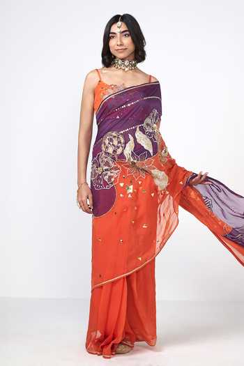 Rishi And Vibhuti_Orange Organza Embroidery, Sequins, Zari, Mirrors, Jamun Berry Work Saree _Online_at_Aza_Fashions