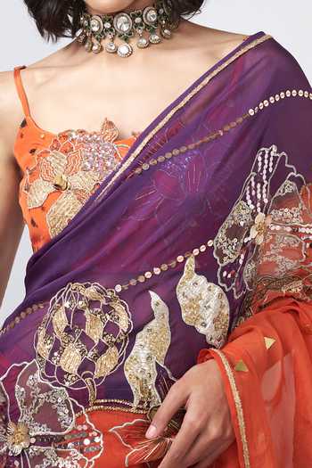 Buy_Rishi And Vibhuti_Orange Organza Embroidery, Sequins, Zari, Mirrors, Jamun Berry Work Saree _Online_at_Aza_Fashions