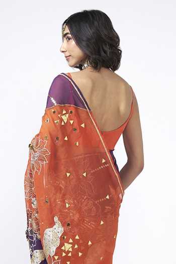 Shop_Rishi and Vibhuti_Orange Crepe Embroidery, Sequins, Stones, Mirrors, Narangi Floral Work Blouse _at_Aza_Fashions