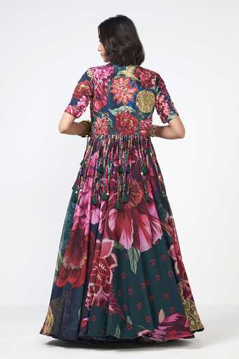Shop_Rishi and Vibhuti_Green Organza, Crepe Tassels Collared, Corbet Charm Printed Jacket Skirt Set _at_Aza_Fashions