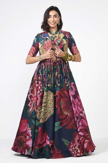 Rishi and Vibhuti_Green Organza, Crepe Tassels Collared, Corbet Charm Printed Jacket Skirt Set _Online_at_Aza_Fashions