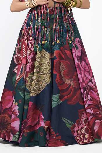 Buy_Rishi and Vibhuti_Green Organza, Crepe Tassels Collared, Corbet Charm Printed Jacket Skirt Set _Online_at_Aza_Fashions