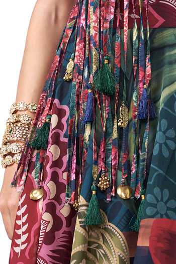 Shop_Rishi and Vibhuti_Green Organza, Crepe Tassels Collared, Corbet Charm Printed Jacket Skirt Set _Online_at_Aza_Fashions