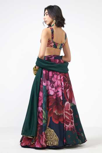 Rishi and Vibhuti_Pink Crepe Sweetheart Neck Husn Printed Lehenga Set _Online_at_Aza_Fashions
