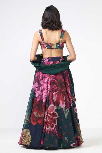 Shop_Rishi and Vibhuti_Pink Crepe Sweetheart Neck Husn Printed Lehenga Set _at_Aza_Fashions