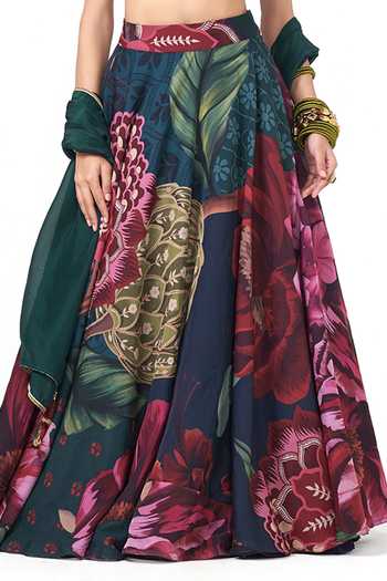 Shop_Rishi and Vibhuti_Pink Crepe Sweetheart Neck Husn Printed Lehenga Set _Online_at_Aza_Fashions
