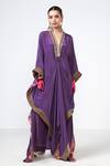 Buy_Rishi and Vibhuti_Purple Crepe Zari V-neck Jamun Placket Embellished Kaftan And Pant Set _at_Aza_Fashions