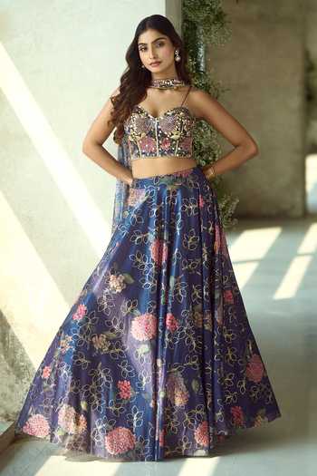 Buy_Samyukta Singhania_Pink Lycra Zari Sweetheart Neck Handwork Printed Lehenga Set With Corset _Online_at_Aza_Fashions