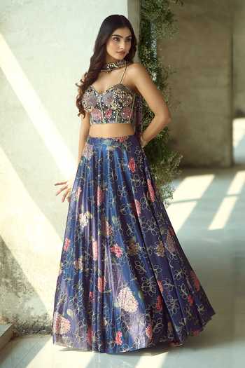 Shop_Samyukta Singhania_Pink Lycra Zari Sweetheart Neck Handwork Printed Lehenga Set With Corset _Online_at_Aza_Fashions