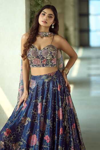 Buy_Samyukta Singhania_Pink Lycra Zari Sweetheart Neck Handwork Printed Lehenga Set With Corset 