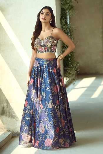 Shop_Samyukta Singhania_Pink Lycra Zari Sweetheart Neck Handwork Printed Lehenga Set With Corset 
