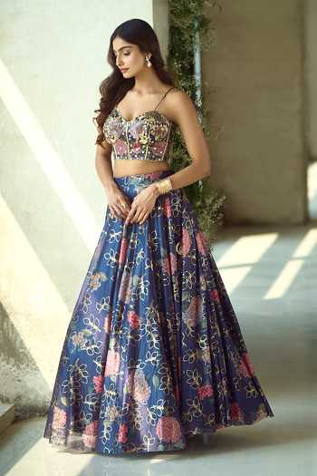 Buy_Samyukta Singhania_Pink Lycra Zari Sweetheart Neck Handwork Printed Lehenga Set With Corset _Online