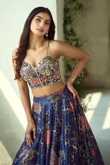 Samyukta Singhania_Pink Lycra Zari Sweetheart Neck Handwork Printed Lehenga Set With Corset 