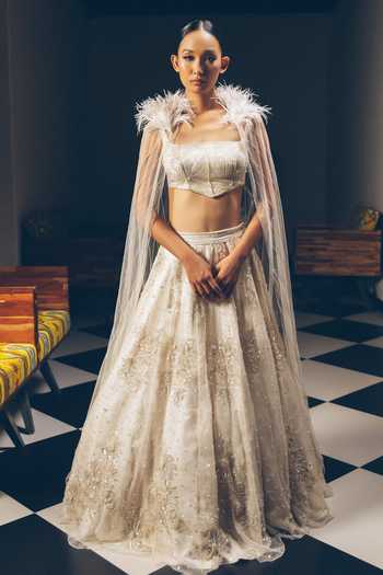 Buy_PRAVALIKA KOLA_Ivory Organza, Net Sequins, Beads, Stones, Selene Embellished Lehenga Set _at_Aza_Fashions