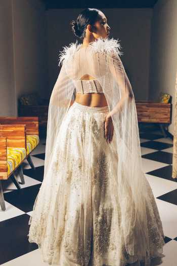 Shop_PRAVALIKA KOLA_Ivory Organza, Net Sequins, Beads, Stones, Selene Embellished Lehenga Set _at_Aza_Fashions