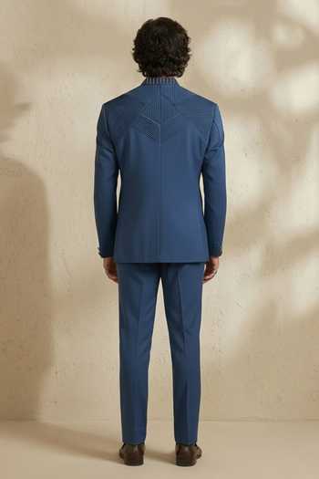 Bubber Couture_Blue Wool Embroidery Prism Pintuck Bandhgala Set _Online_at_Aza_Fashions