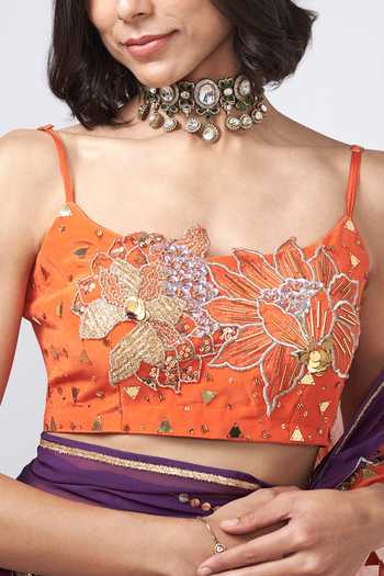 Buy_Rishi and Vibhuti_Orange Crepe Embroidery, Sequins, Stones, Mirrors, Narangi Floral Work Blouse _at_Aza_Fashions