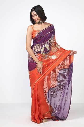 Buy_Rishi And Vibhuti_Orange Organza Embroidery, Sequins, Zari, Mirrors, Jamun Berry Work Saree _at_Aza_Fashions