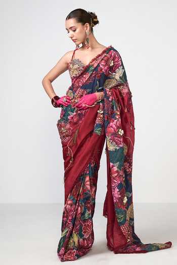 Buy_Rishi and Vibhuti_Red Organza, Crepe Sequins, Beads, Mirrors, Tassels Cola Corbett Printed Saree _at_Aza_Fashions
