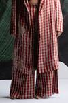 Esha Arora_Red Embroidery Collared, V-neck Aari Work Trench Jacket Pant Set _Online_at_Aza_Fashions