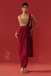 Buy_Rasasvada_Wine Georgette Embroidery, Zari Square Neck Saree Gown _at_Aza_Fashions