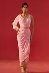 Buy_Rasasvada_Pink Georgette Sequins, Zari V-neck Draped Jumpsuit With Embroidered Belt _at_Aza_Fashions