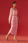 Rasasvada_Pink Georgette Sequins, Zari V-neck Draped Jumpsuit With Embroidered Belt _Online_at_Aza_Fashions