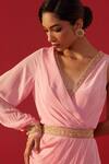Buy_Rasasvada_Pink Georgette Sequins, Zari V-neck Draped Jumpsuit With Embroidered Belt _Online_at_Aza_Fashions