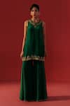Rasasvada_Green Satin, Crepe Zari Round Neck Embroidered Kurta Sharara Set _Online_at_Aza_Fashions