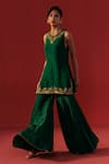 Buy_Rasasvada_Green Satin, Crepe Zari Round Neck Embroidered Kurta Sharara Set _Online_at_Aza_Fashions