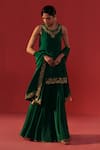 Buy_Rasasvada_Green Satin, Crepe Zari Round Neck Embroidered Kurta Sharara Set _at_Aza_Fashions