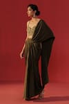 Shop_Rasasvada_Olive Green Satin Embroidery Sweetheart Neck Pre-draped Saree With Bustier _at_Aza_Fashions
