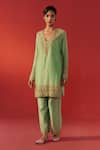 Buy_Rasasvada_Green Chanderi Zari, Tassels V-neck Embellished Kurta Set _Online_at_Aza_Fashions