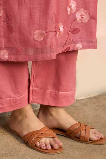 Vaayu_Pink Muslin Embroidery, Tassels High Neck Hibiscus Kurta Set _Online_at_Aza_Fashions