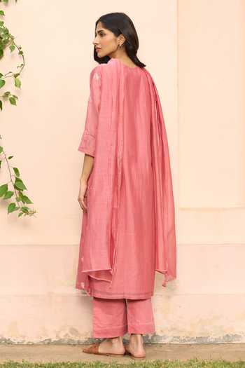 Shop_Vaayu_Pink Muslin Embroidery, Tassels High Neck Hibiscus Kurta Set _at_Aza_Fashions
