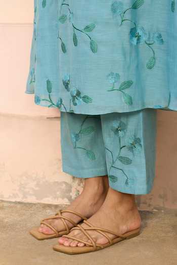 Shop_Vaayu_Blue Muslin Embroidery Keyhole Neck Powder Kurta And Pant Set _Online_at_Aza_Fashions