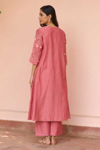 Shop_Vaayu_Pink Muslin Embroidery Round Neck Hibiscus Cotton Kurta And Pant Set _at_Aza_Fashions
