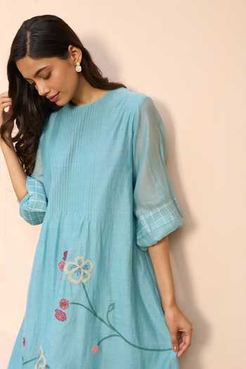 Vaayu_Blue Muslin Applique Round Neck Powder Cotton Dress _Online_at_Aza_Fashions