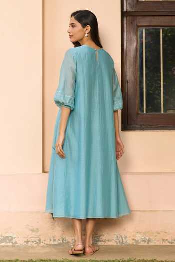 Shop_Vaayu_Blue Muslin Applique Round Neck Powder Cotton Dress _at_Aza_Fashions
