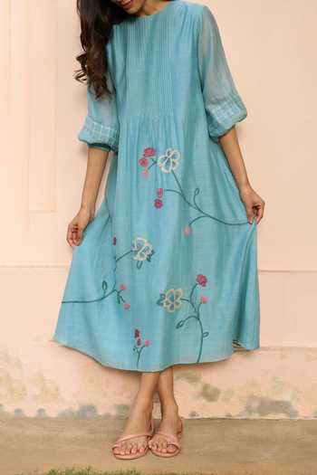 Shop_Vaayu_Blue Muslin Applique Round Neck Powder Cotton Dress _Online_at_Aza_Fashions